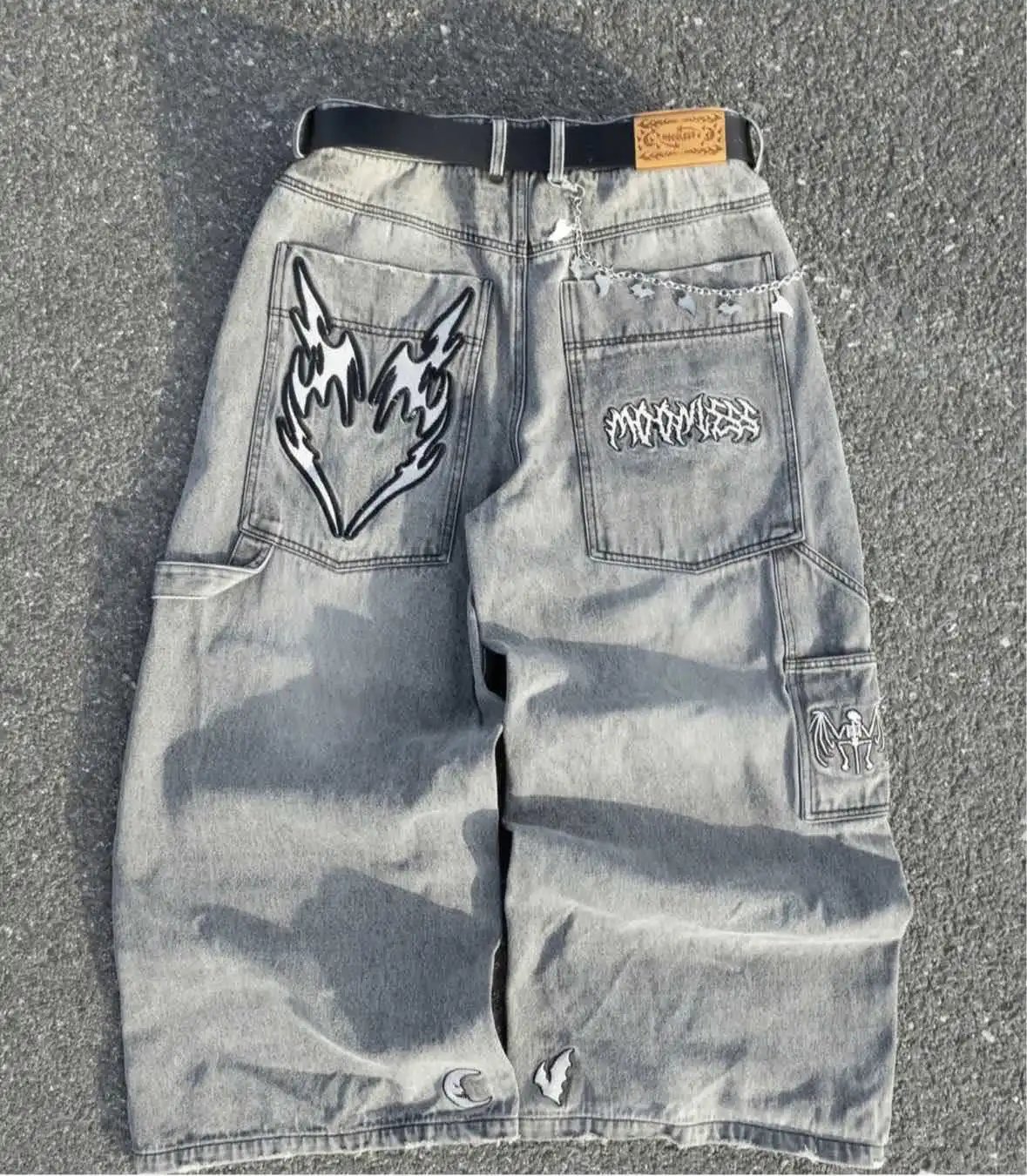 Design Wide-Leg Denim Pants with Purple Flame Embroidery and Chain Detail Jeans - 5