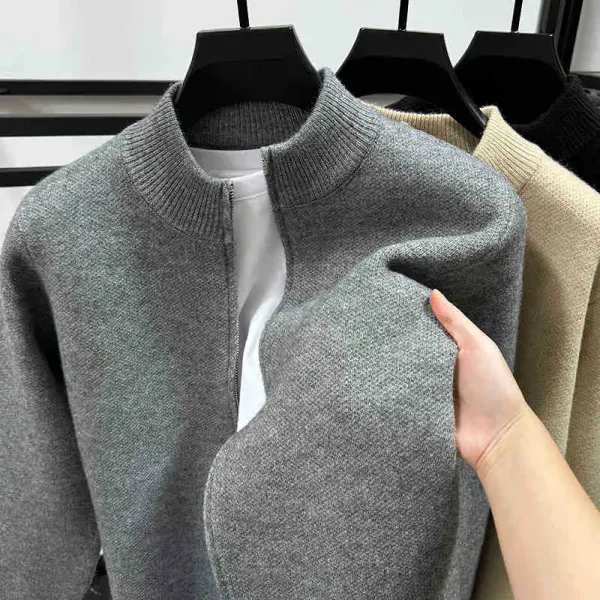 Design Stand-Up Collar Zip-Up Knit Sweater Gray - 1