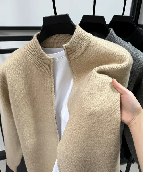 Design Stand-Up Collar Zip-Up Knit Sweater Gray - 7