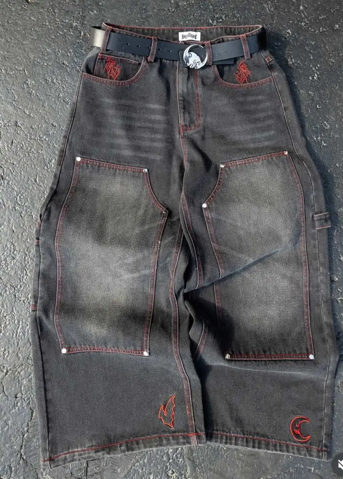 Design Wide-Leg Denim Pants with Purple Flame Embroidery and Chain Detail Jeans - 9