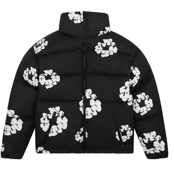 Design Floral Print Black Puffer Jacket Down Jacket - 1