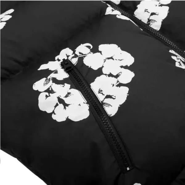 Design Floral Print Black Puffer Jacket Down Jacket - 3