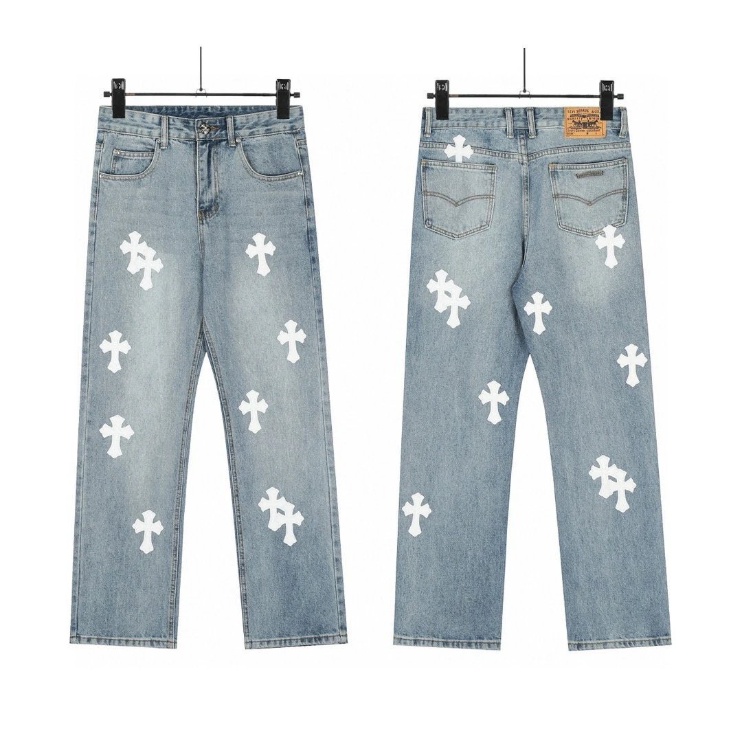 Design Cross Motif Embroidered Flared Jeans Blue - 22