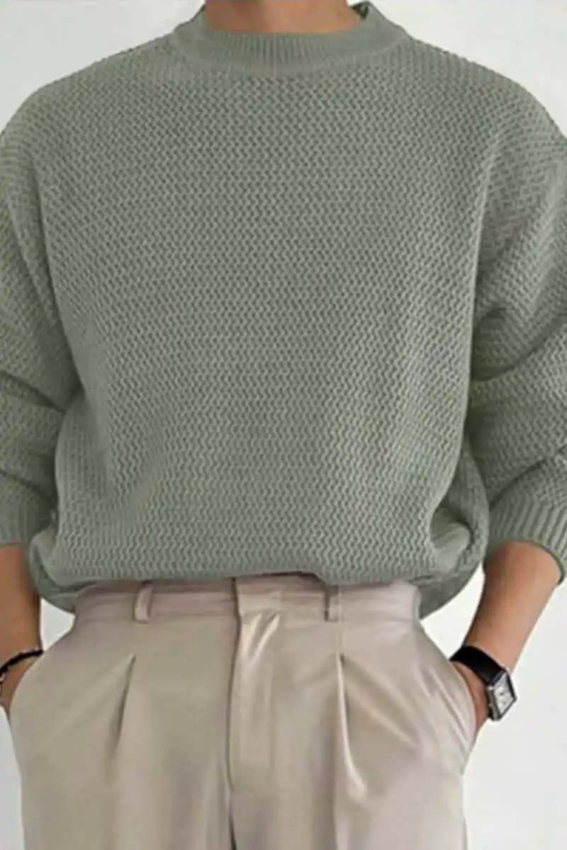 Design Textured Knit Crewneck Sweater Beige - 12