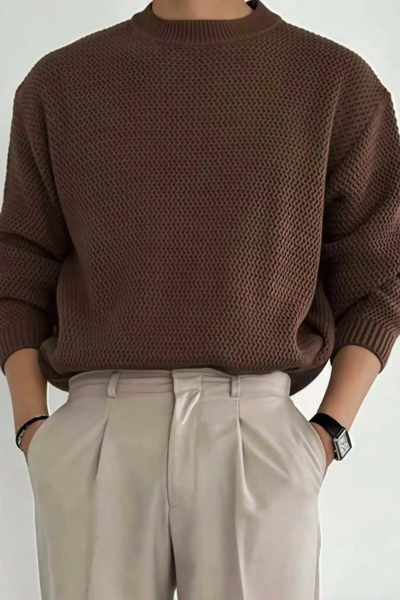 Design Textured Knit Crewneck Sweater Beige - 21