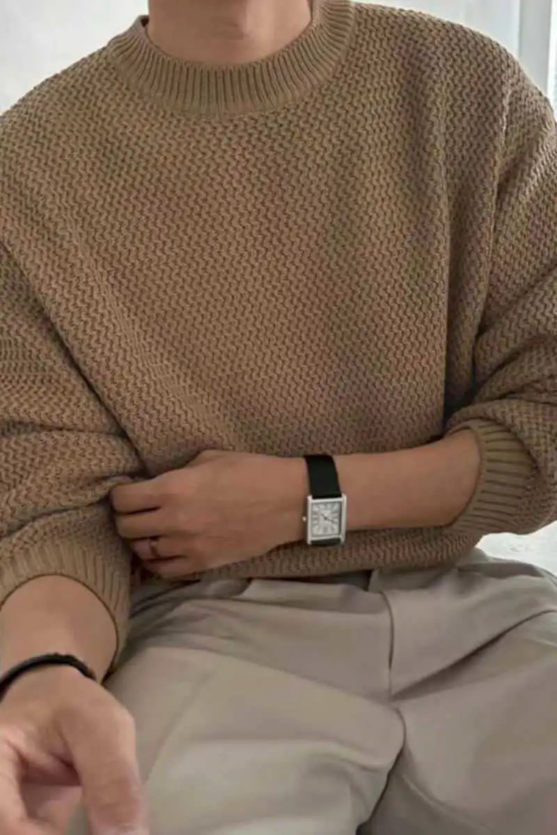 Design Textured Knit Crewneck Sweater Beige - 33
