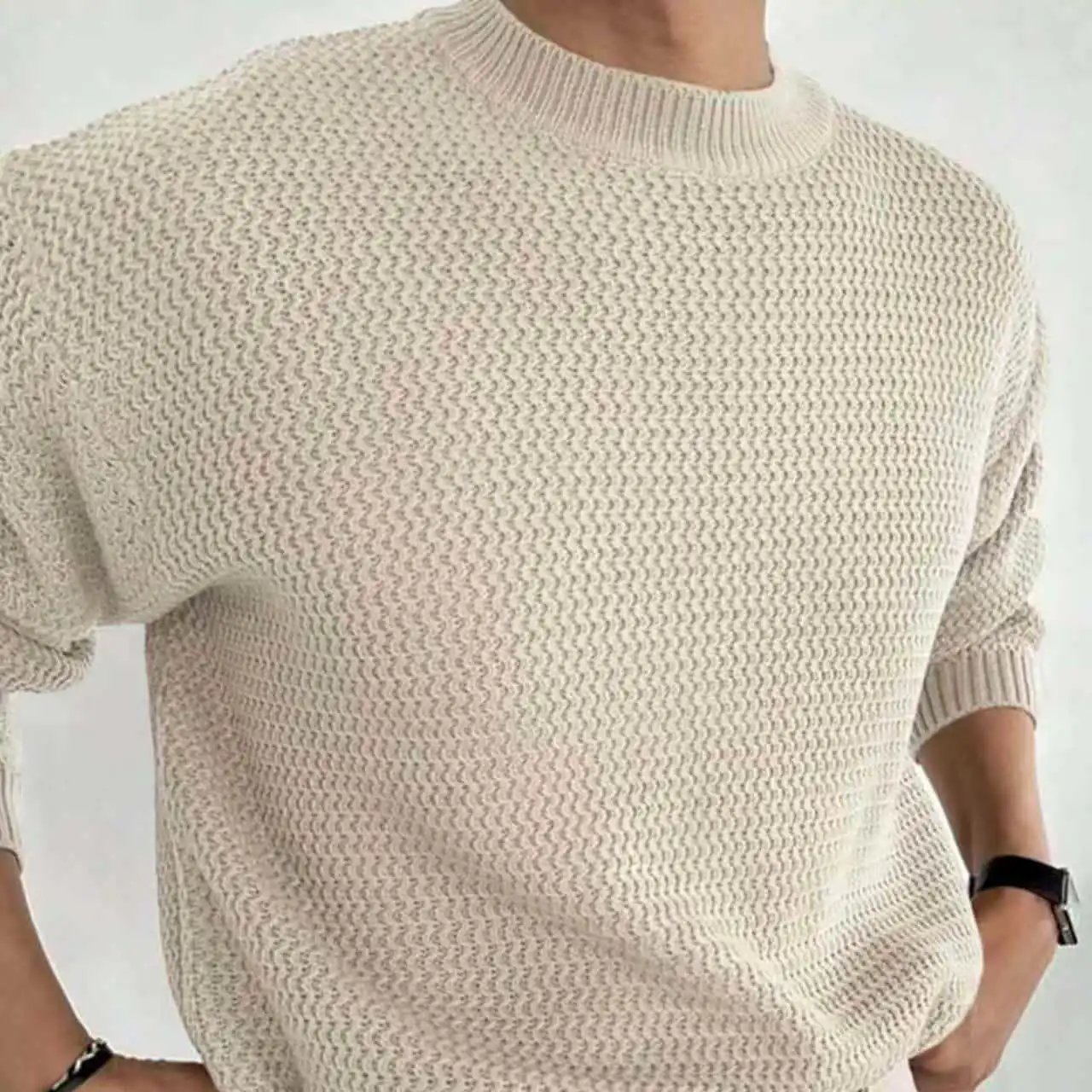 Design Textured Knit Crewneck Sweater Beige - 14