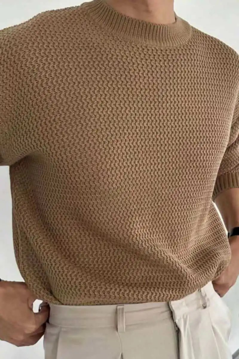 Design Textured Knit Crewneck Sweater Beige - 29