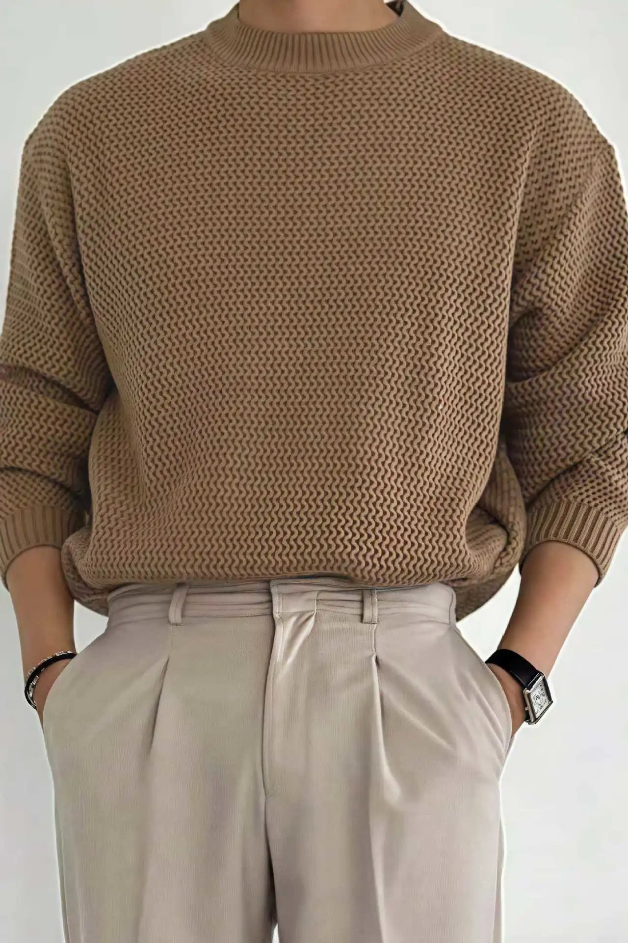Design Textured Knit Crewneck Sweater Beige - 35