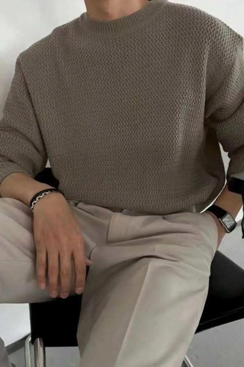 Design Textured Knit Crewneck Sweater Beige - 37