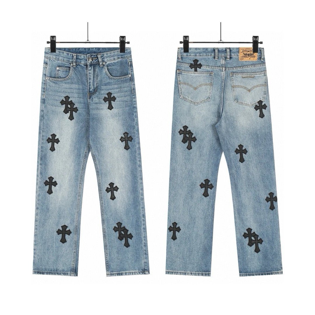 Design Cross Motif Embroidered Flared Jeans Blue - 15