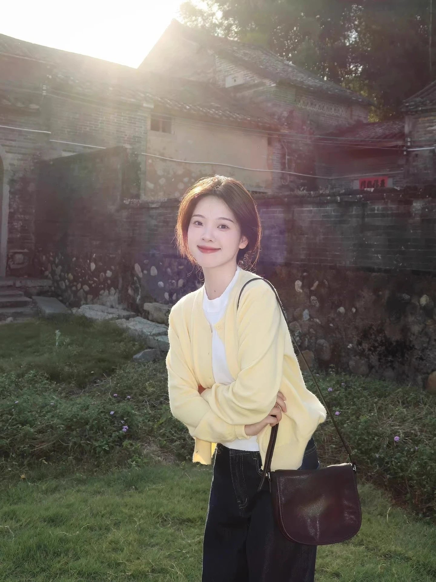 Design Knit Cardigan Yellow with White Tee and Wide-Leg Jeans Outerwear.cardigan - 11