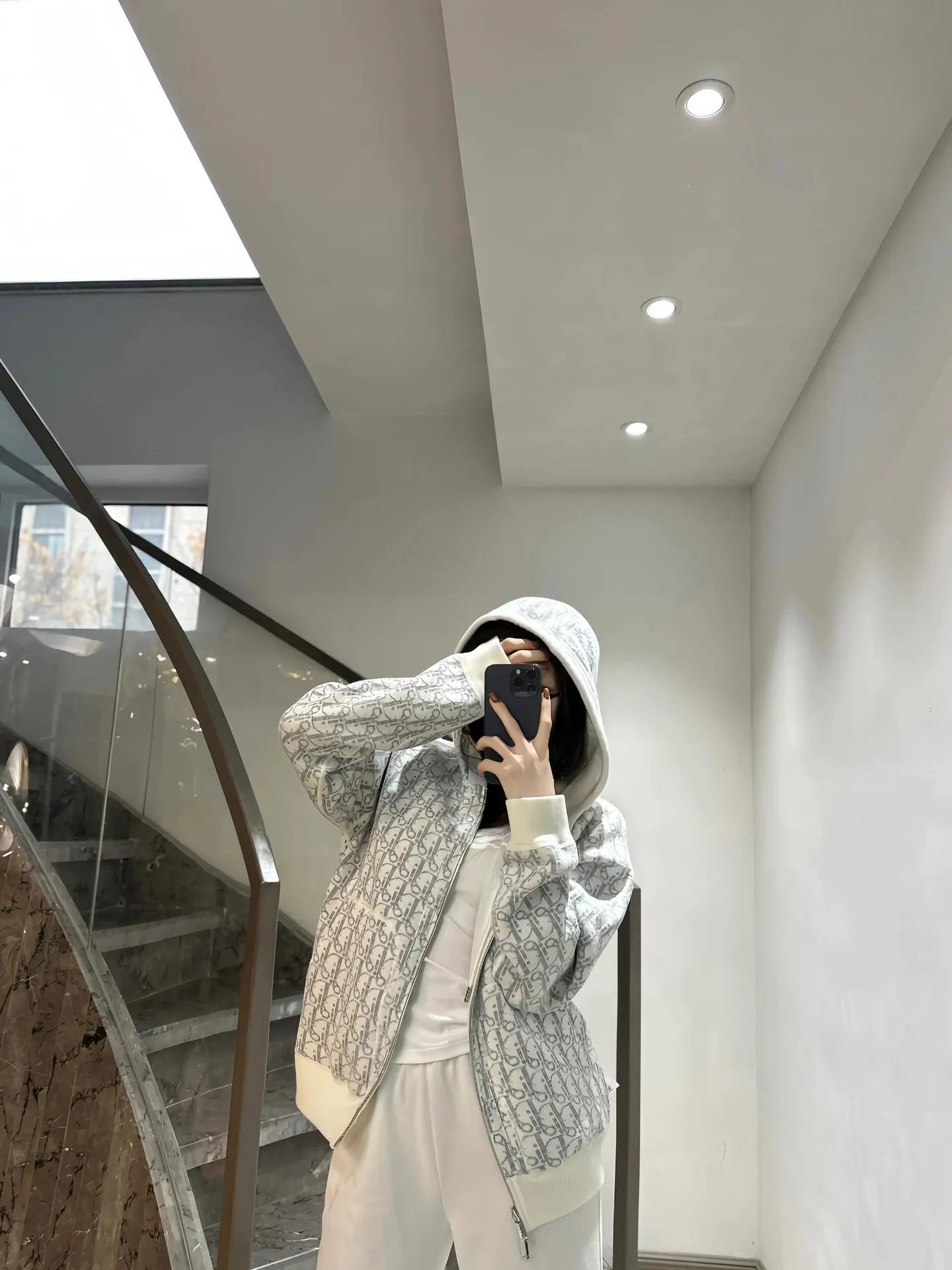 Dior Oblique Monogram Zip-Up Hoodie White Gray - 4