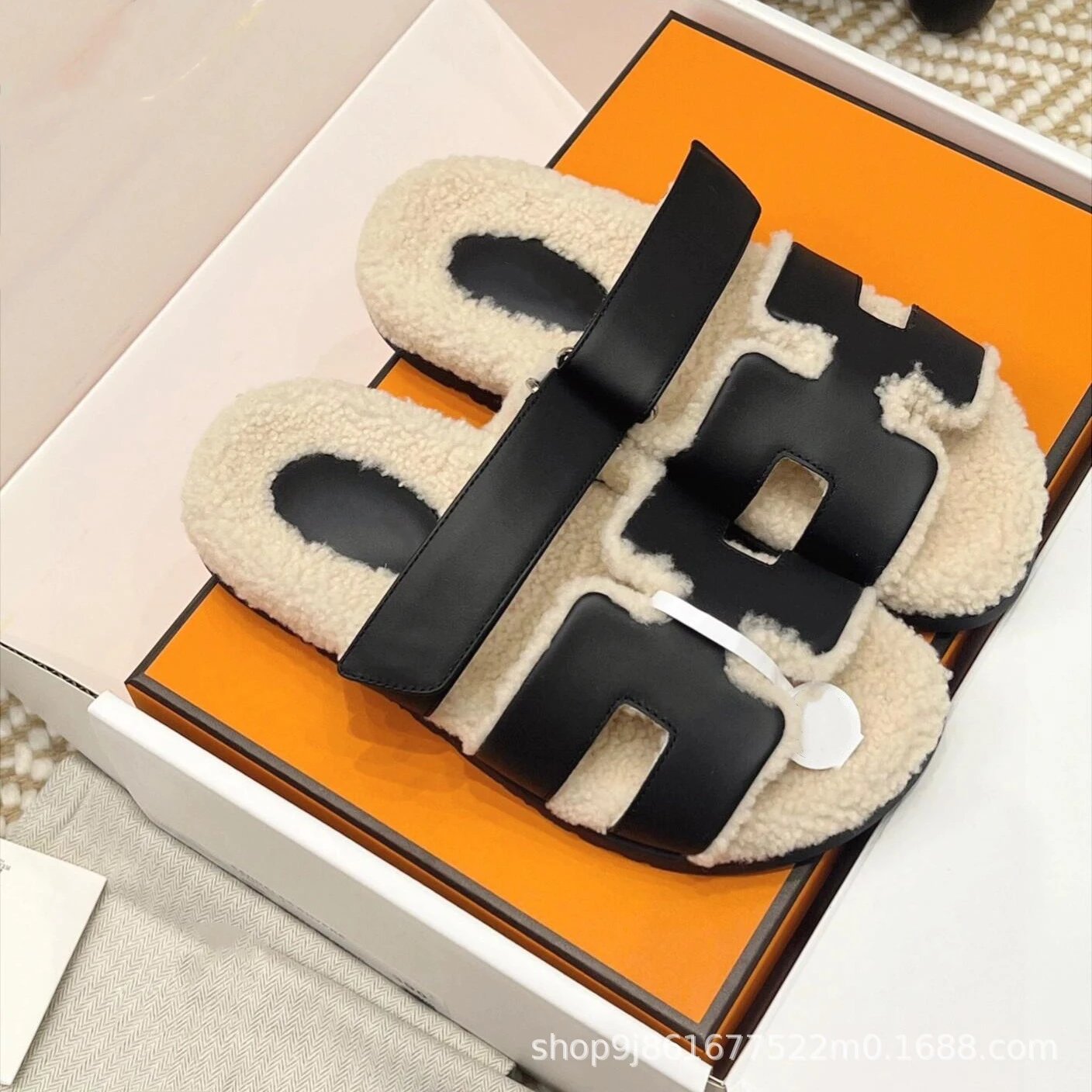 Hermès Oran Shearling Slide Sandals Black and White Slippers - 7