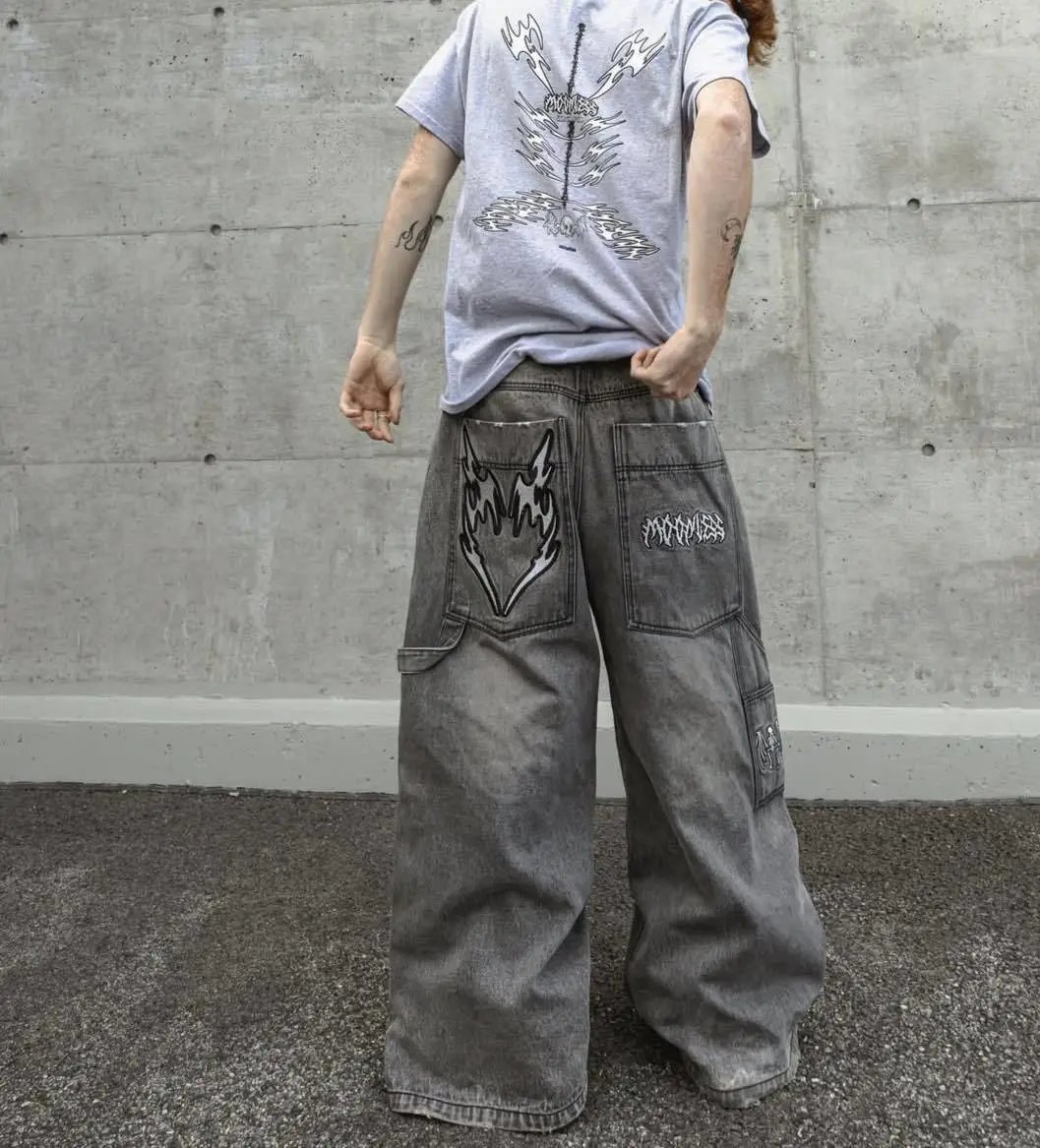 Design Wide-Leg Denim Pants with Purple Flame Embroidery and Chain Detail Jeans - 7