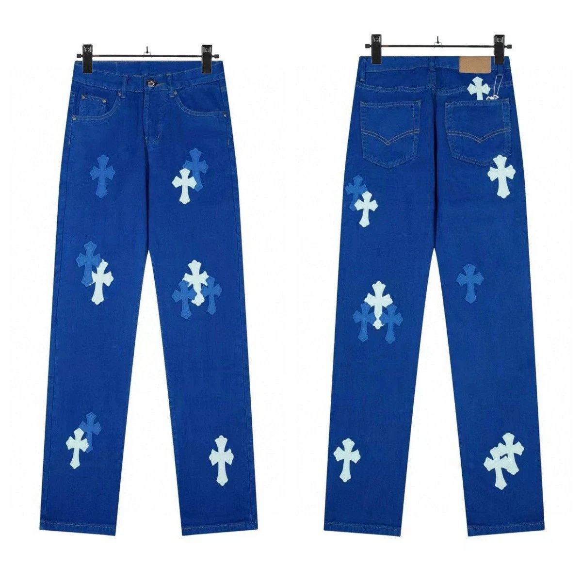 Design Cross Motif Embroidered Flared Jeans Blue - 3