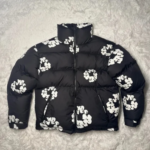 Design Floral Print Black Puffer Jacket Down Jacket - 5