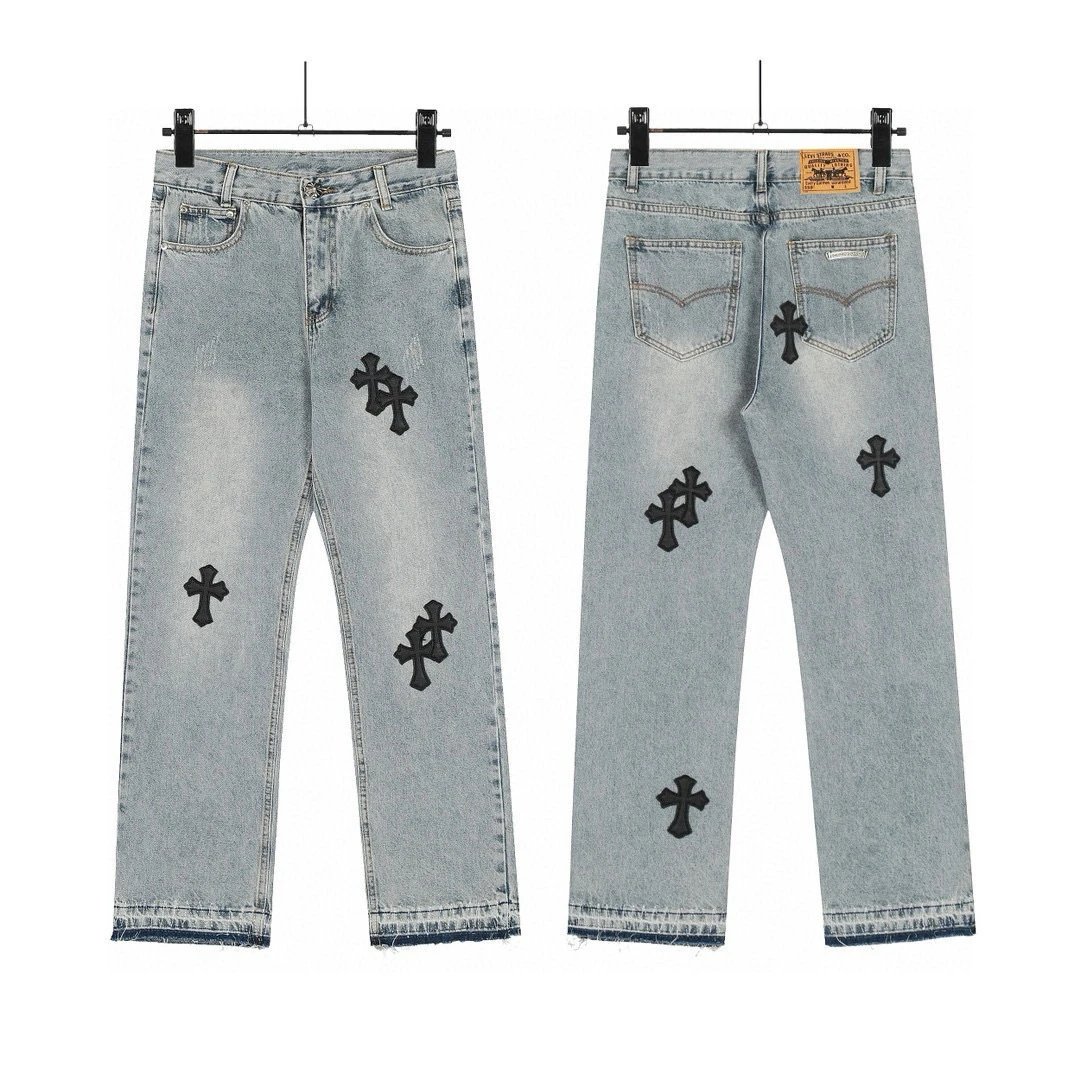 Design Cross Motif Embroidered Flared Jeans Blue - 26