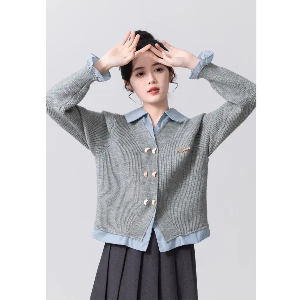 Design Knit Collar Cardigan Gray with Light Blue Shirt Layer Outerwear.cardigan - 2
