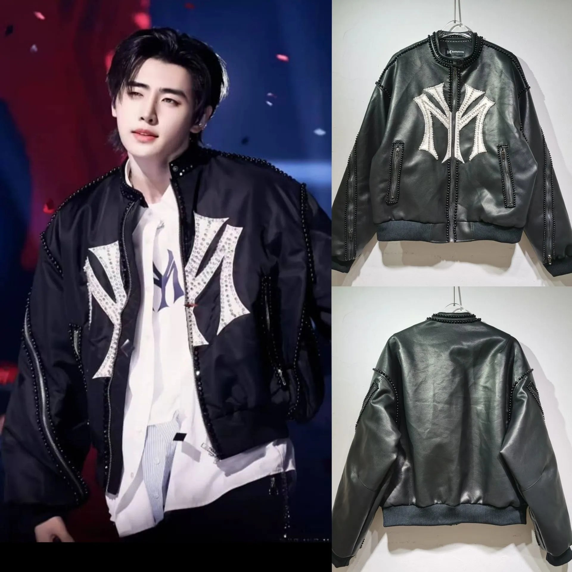 MLB New York Yankees Embellished Leather Bomber Jacket Black