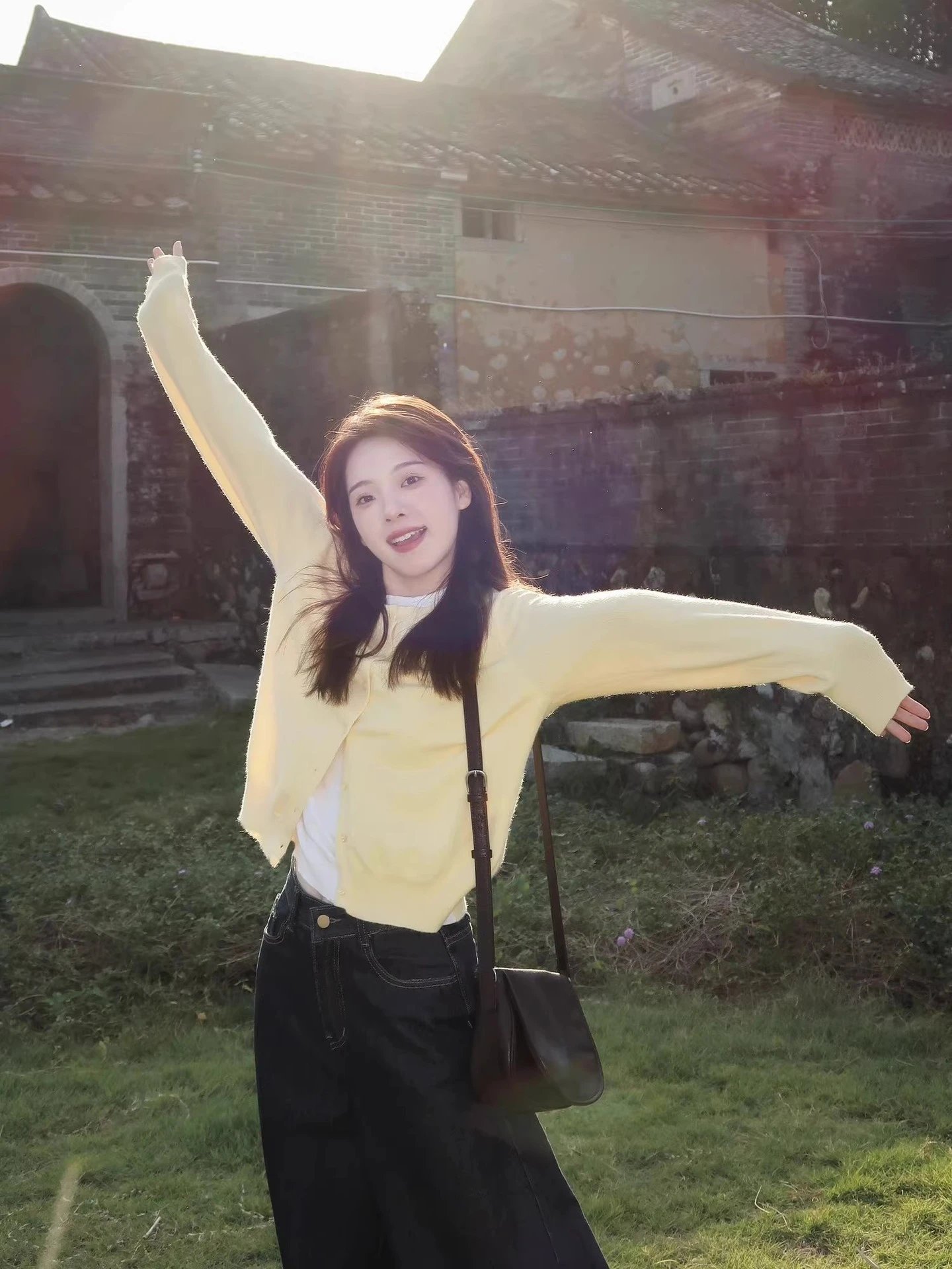 Design Knit Cardigan Yellow with White Tee and Wide-Leg Jeans Outerwear.cardigan - 9