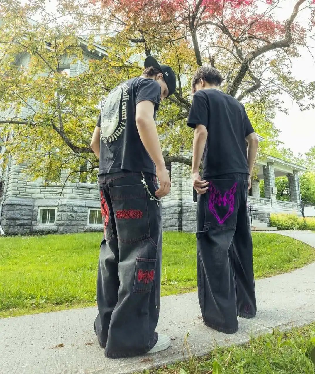 Design Wide-Leg Denim Pants with Purple Flame Embroidery and Chain Detail Jeans - 12