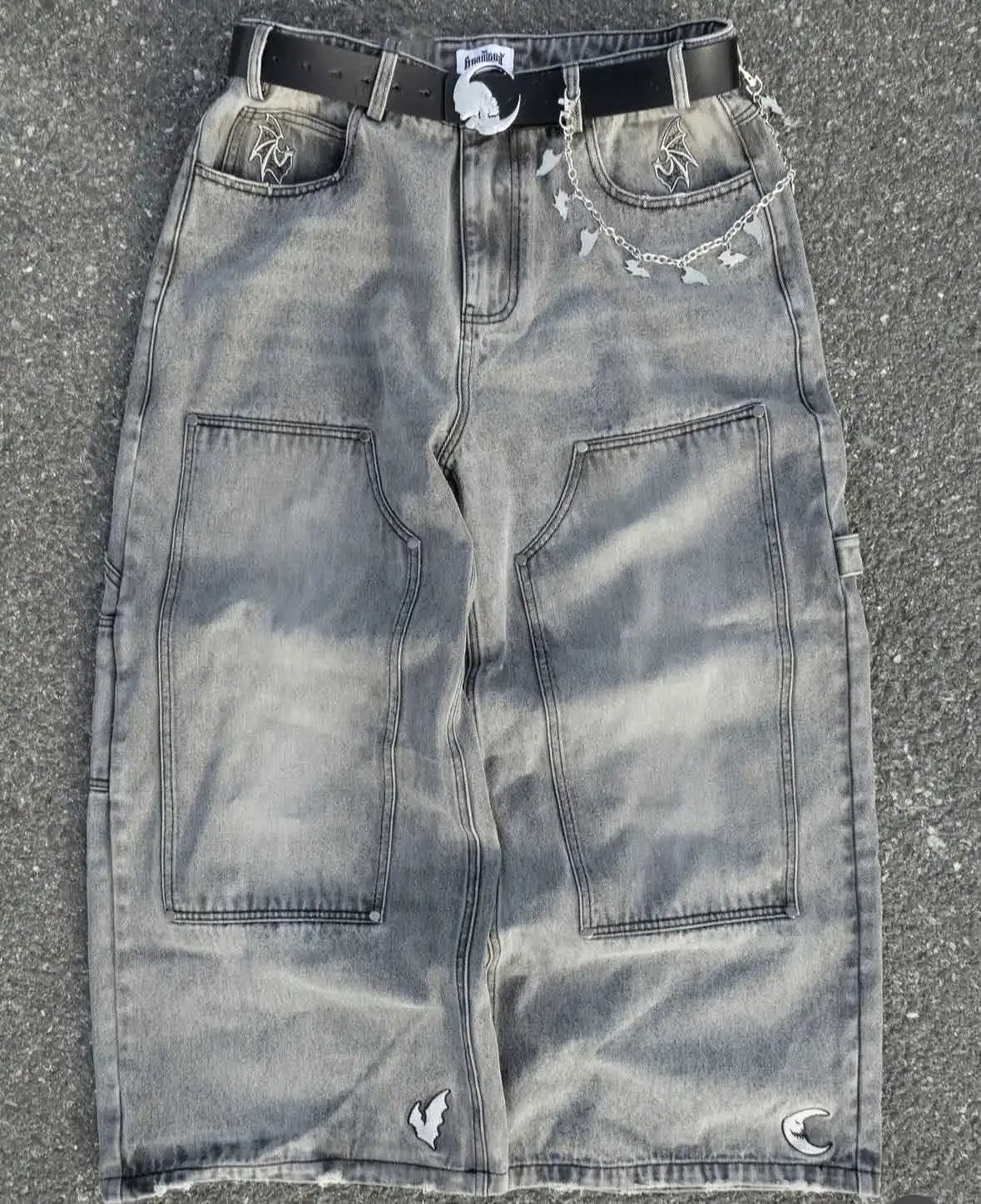 Design Wide-Leg Denim Pants with Purple Flame Embroidery and Chain Detail Jeans - 6
