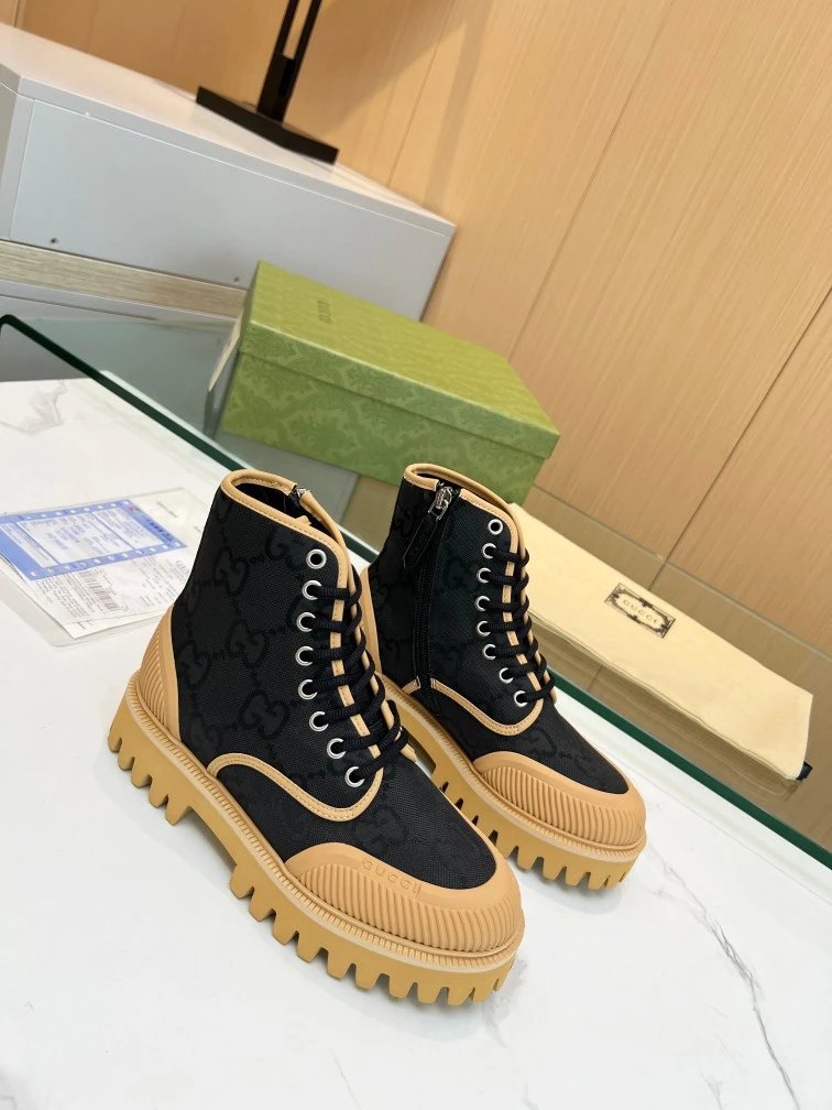 Gucci GG Marmont Chunky Sole Boots Beige and Black - 12