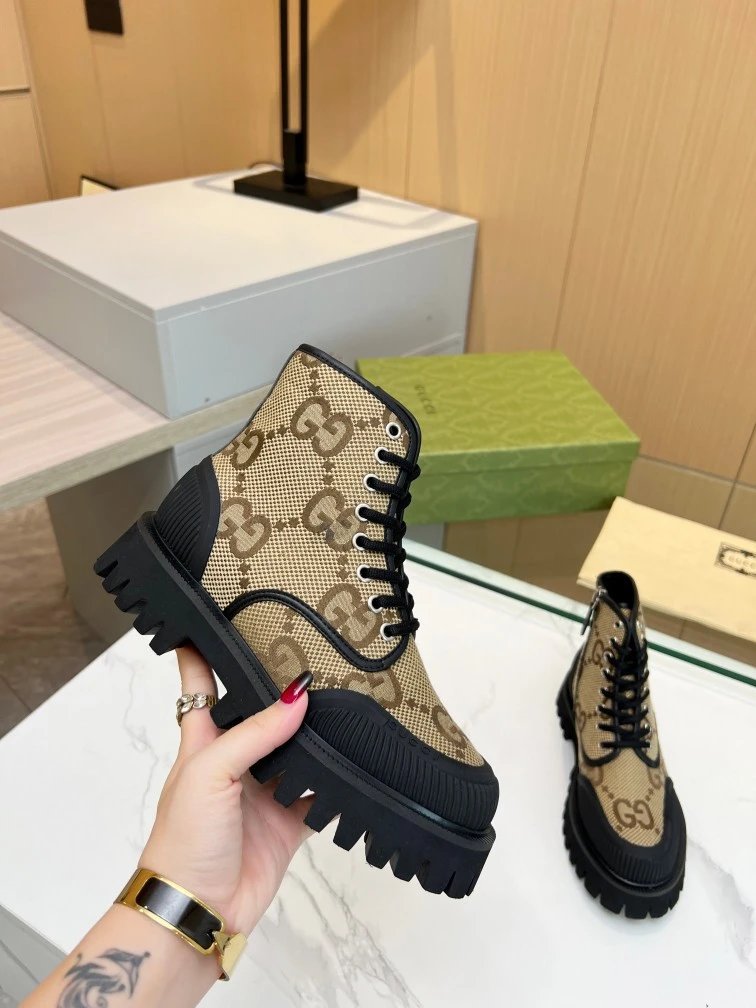 Gucci GG Marmont Chunky Sole Boots Beige and Black - 4
