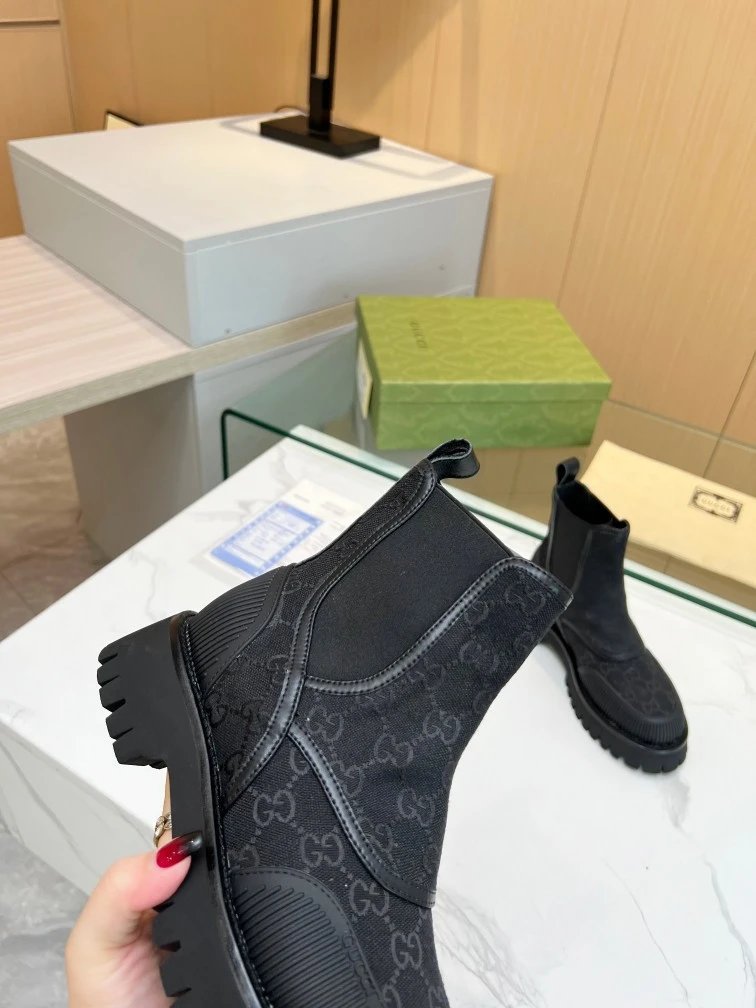 Gucci GG Marmont Chunky Sole Boots Beige and Black - 34