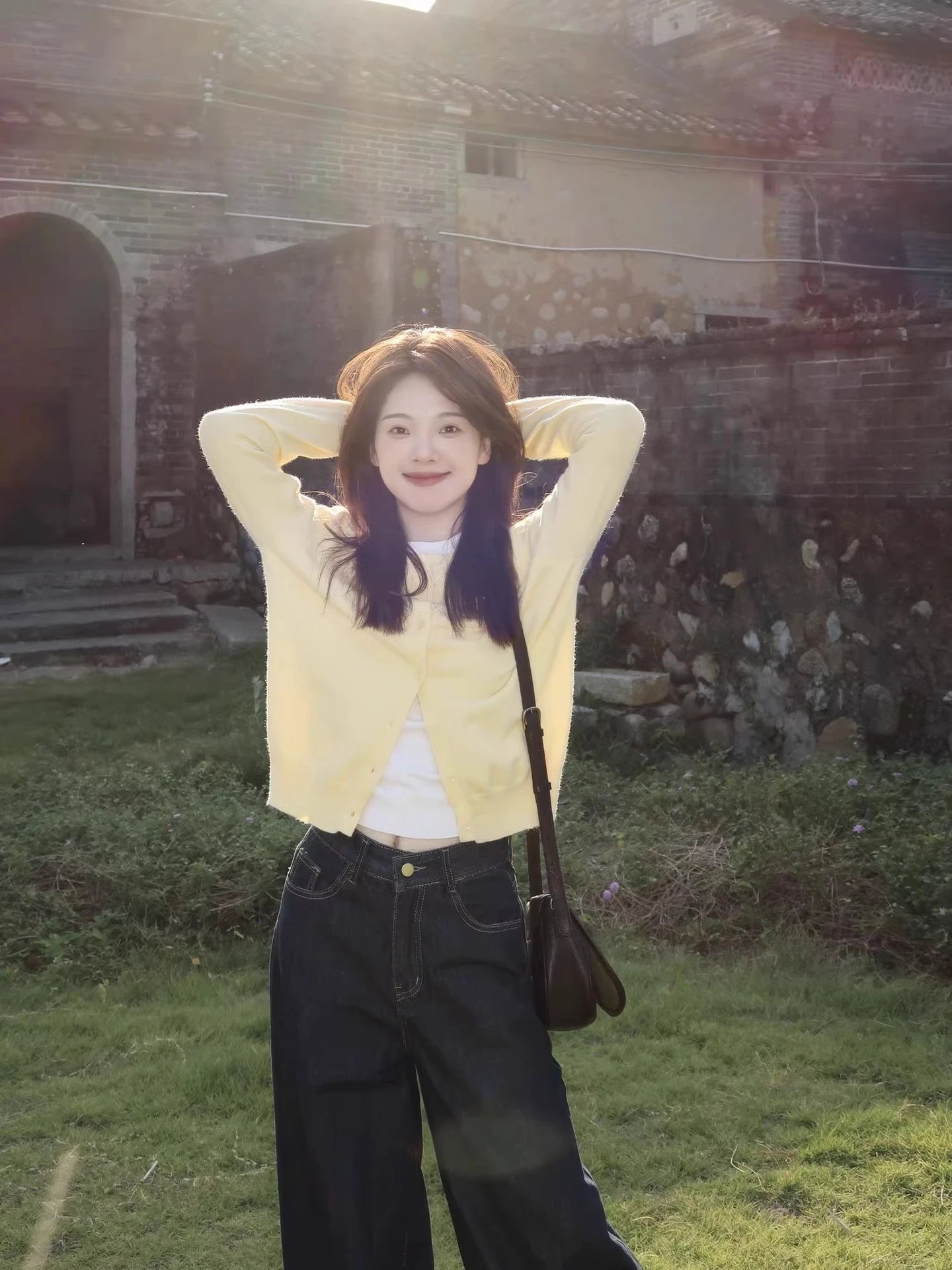 Design Knit Cardigan Yellow with White Tee and Wide-Leg Jeans Outerwear.cardigan - 13
