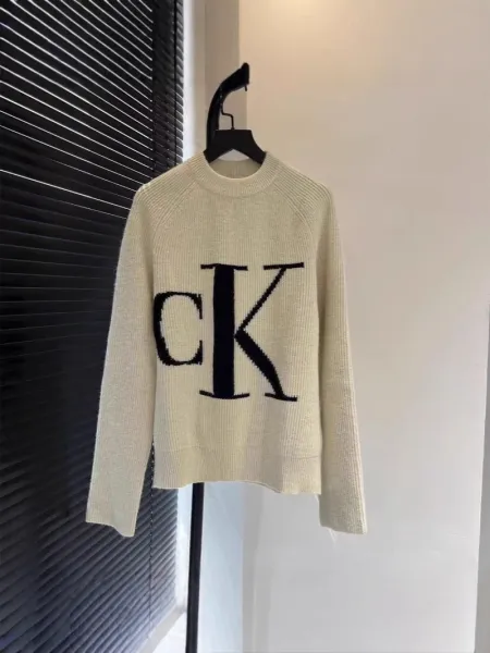 Calvin Klein CK Logo Ribbed Knit Sweater Beige - 7