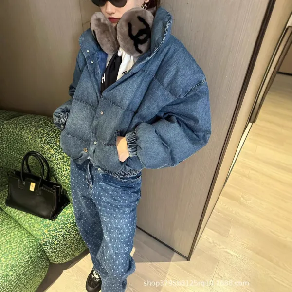Chanel Denim Puffer Jacket with CC Fur Ear Muffs and Logo-Print Jeans Outerwear - 1