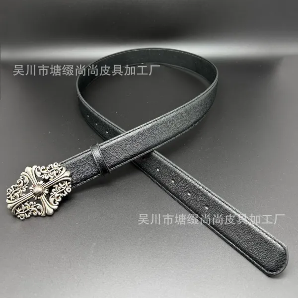 Design Ornate Cross Buckle Black Leather Belt - 1
