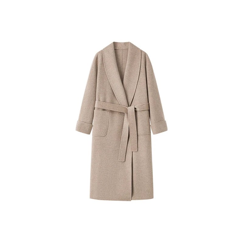 Design Shawl Collar Belted Coat Beige Outerwear