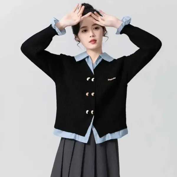 Design Knit Cardigan with Contrast Collar and Toggle Buttons Black Outerwear.cardigan - 1
