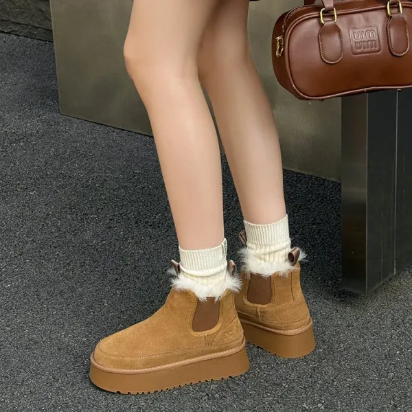Design Chelsea Boots With Faux Fur Trim Tan Suede Platform Boots - 7