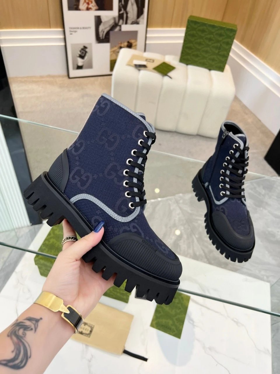 Gucci GG Marmont Chunky Sole Boots Beige and Black - 17