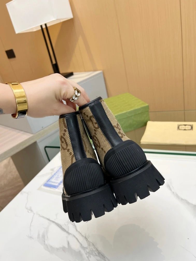 Gucci GG Marmont Chunky Sole Boots Beige and Black - 5