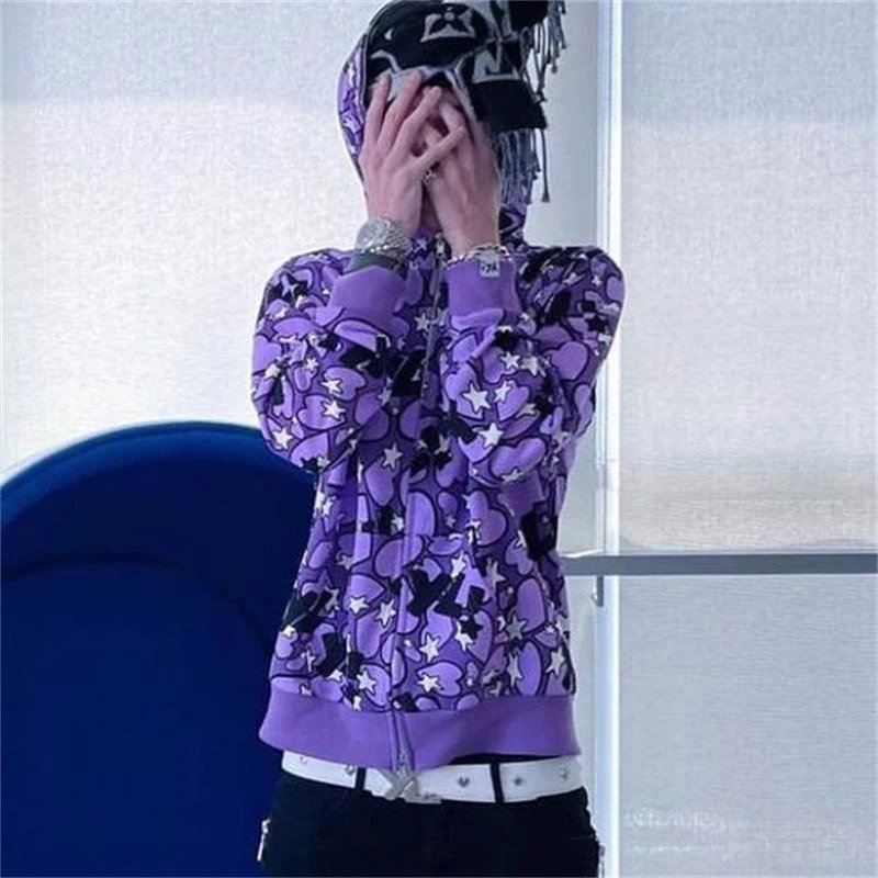 Design YL! Heart Star Print Zip-Up Hoodie Purple - 5