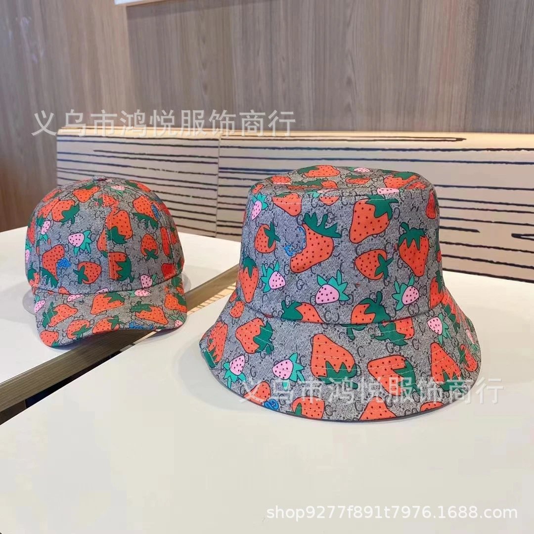 Design Strawberry Print Bucket Hat and Baseball Cap Set Multicolor Accessories - 2