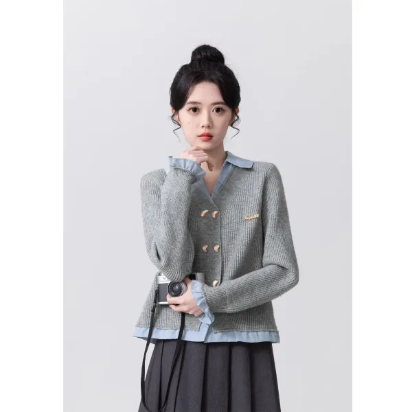 Design Knit Collar Cardigan Gray with Light Blue Shirt Layer Outerwear.cardigan - 5