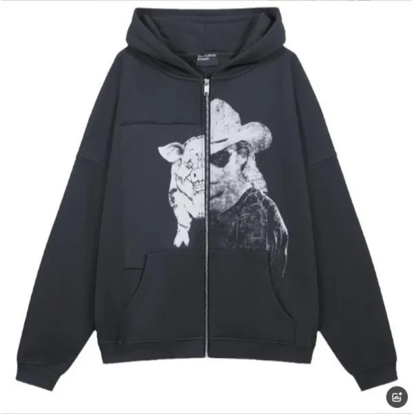 Design Graphic Print Zip-Up Hoodie Black - 1