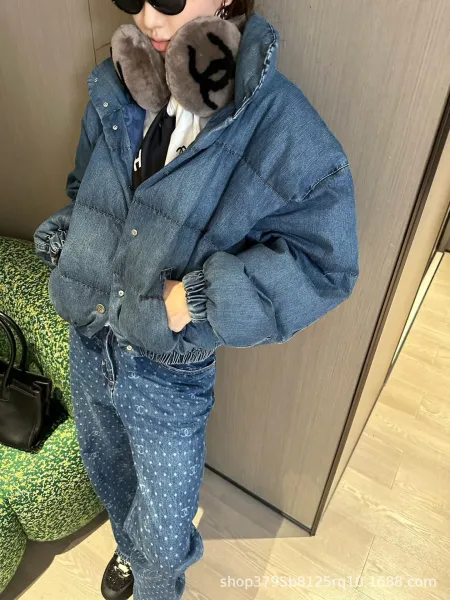 Chanel Denim Puffer Jacket with CC Fur Ear Muffs and Logo-Print Jeans Outerwear - 3