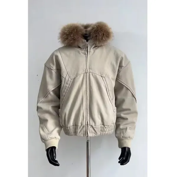 Design Bomber Jacket with Faux Fur Hood Gray Outerwear - 6