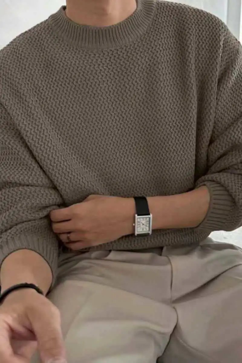 Design Textured Knit Crewneck Sweater Beige - 40