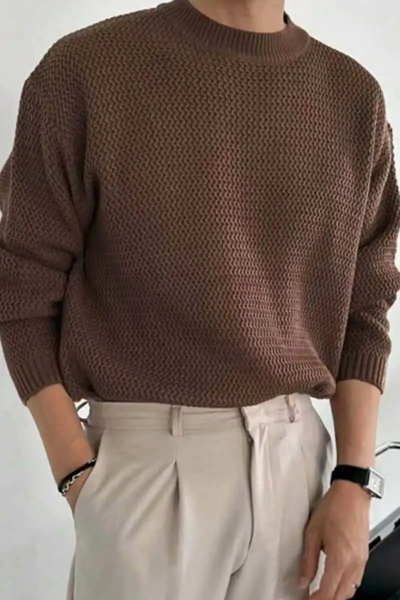 Design Textured Knit Crewneck Sweater Beige - 18