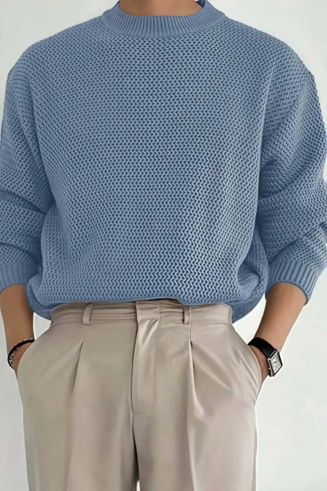 Design Textured Knit Crewneck Sweater Beige - 27