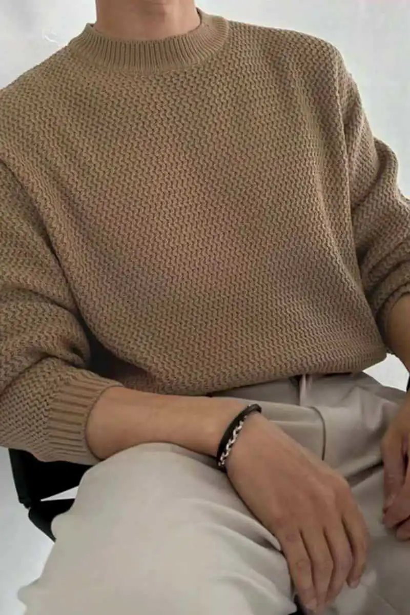 Design Textured Knit Crewneck Sweater Beige - 36