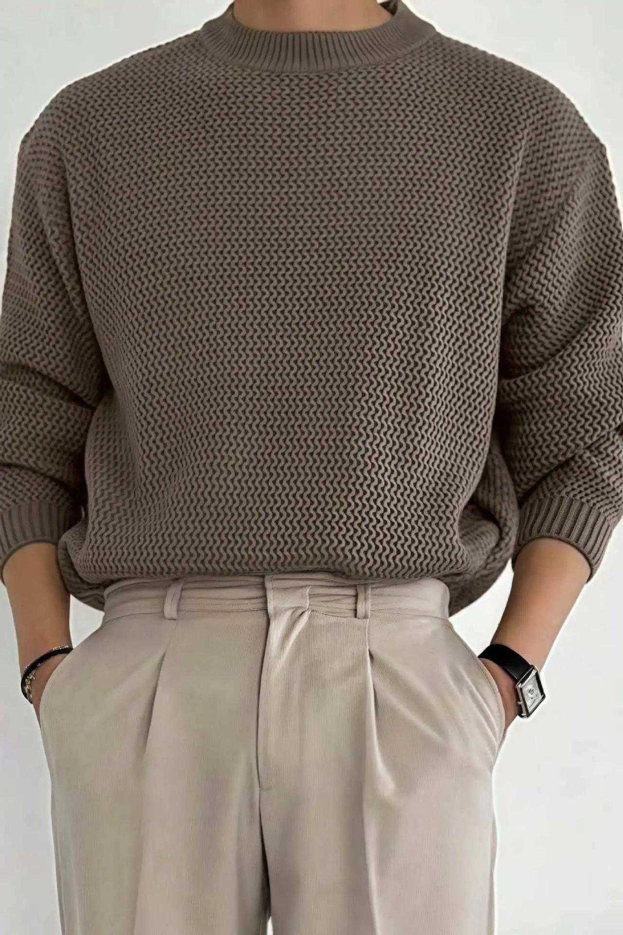 Design Textured Knit Crewneck Sweater Beige - 42